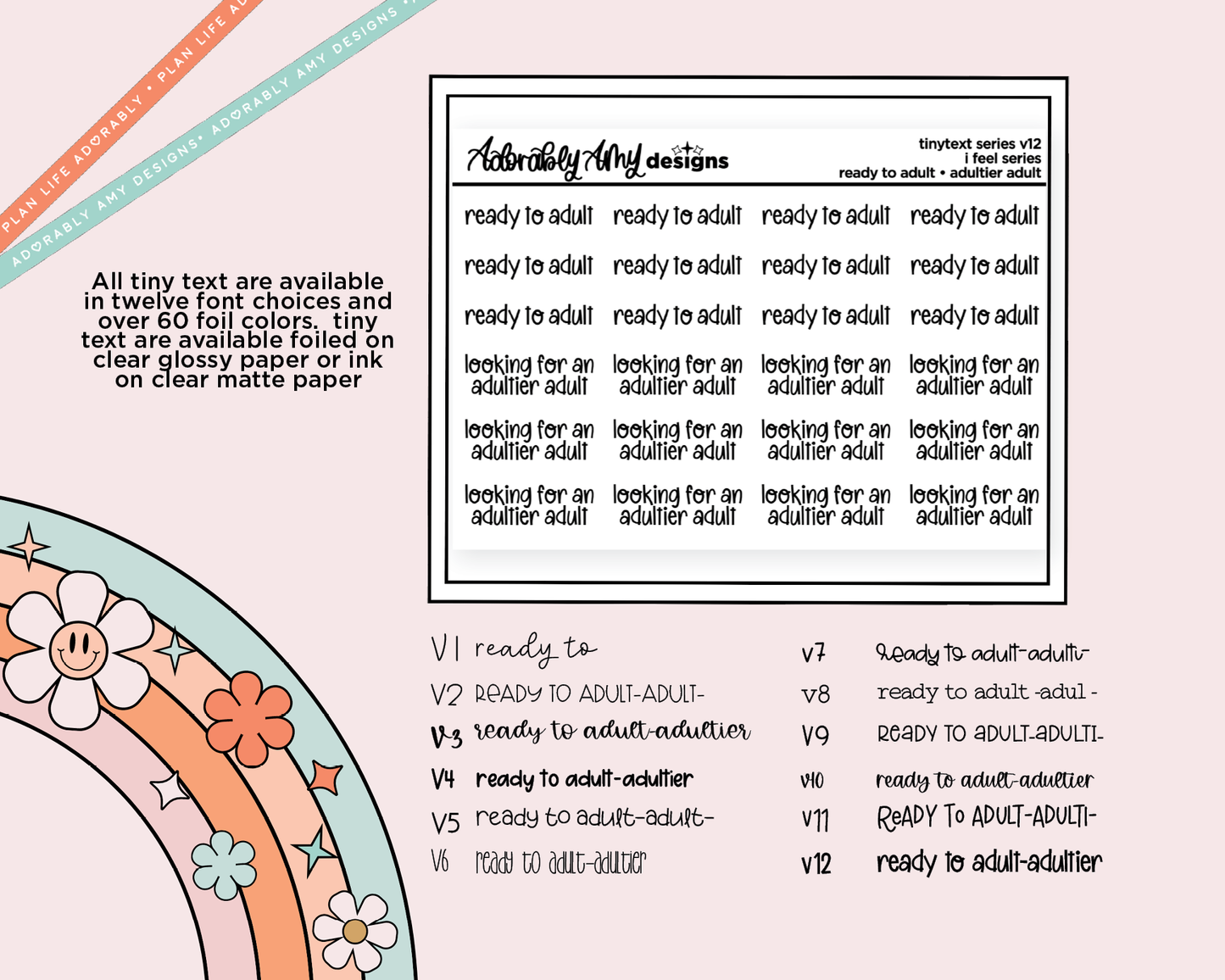 Foiled Tiny Text Series - Feelings Series - Ready to Adult & Looking for an Adultier Adult Checklist Size Planner Stickers for any Planner or Insert