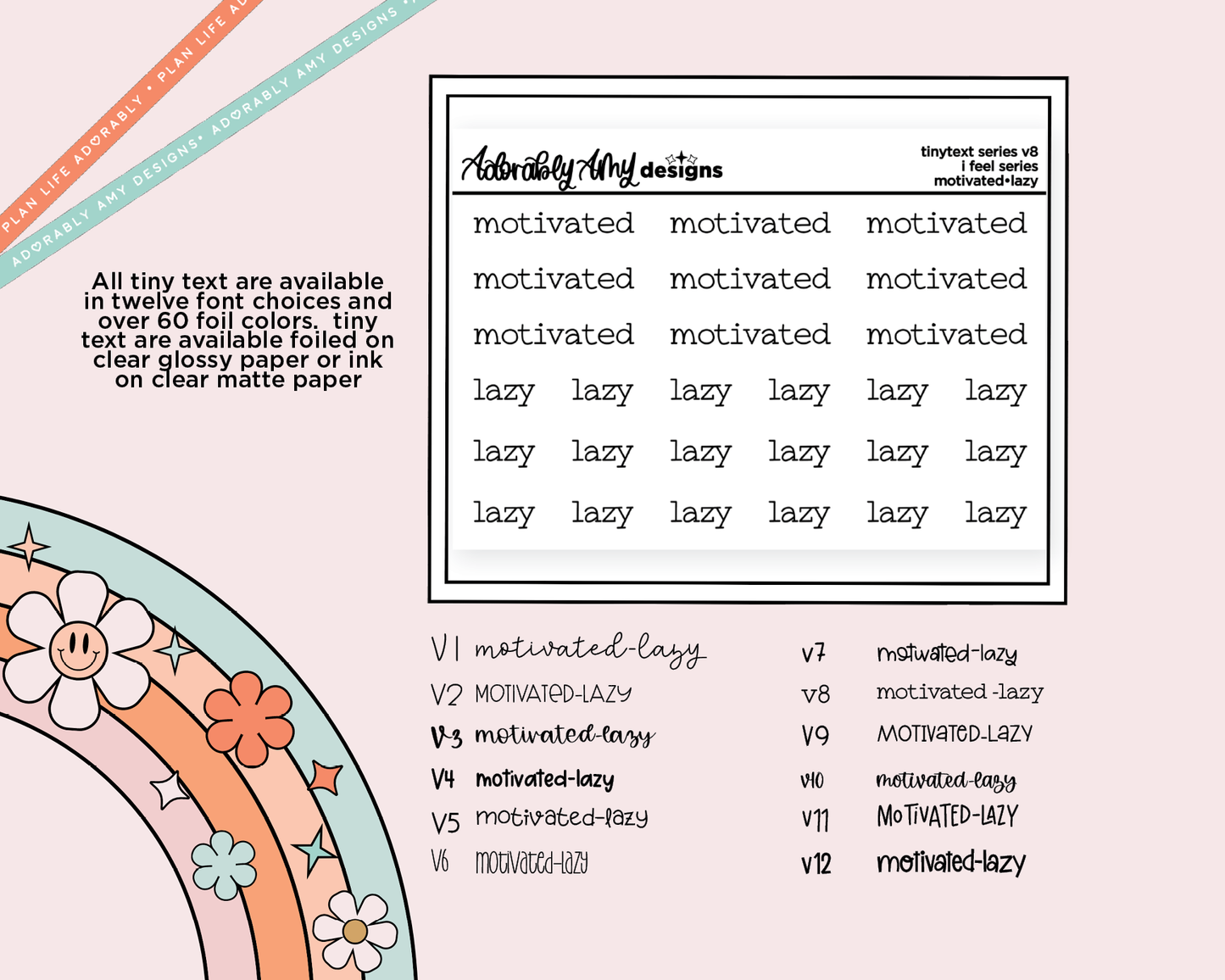 Foiled Tiny Text Series - Feelings Series - Motivated & Lazy Checklist Size Planner Stickers for any Planner or Insert