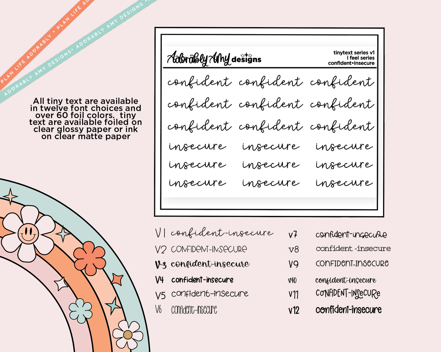 Foiled Tiny Text Series - Feelings Series - Confident-Insecure Checklist Size Planner Stickers for any Planner or Insert