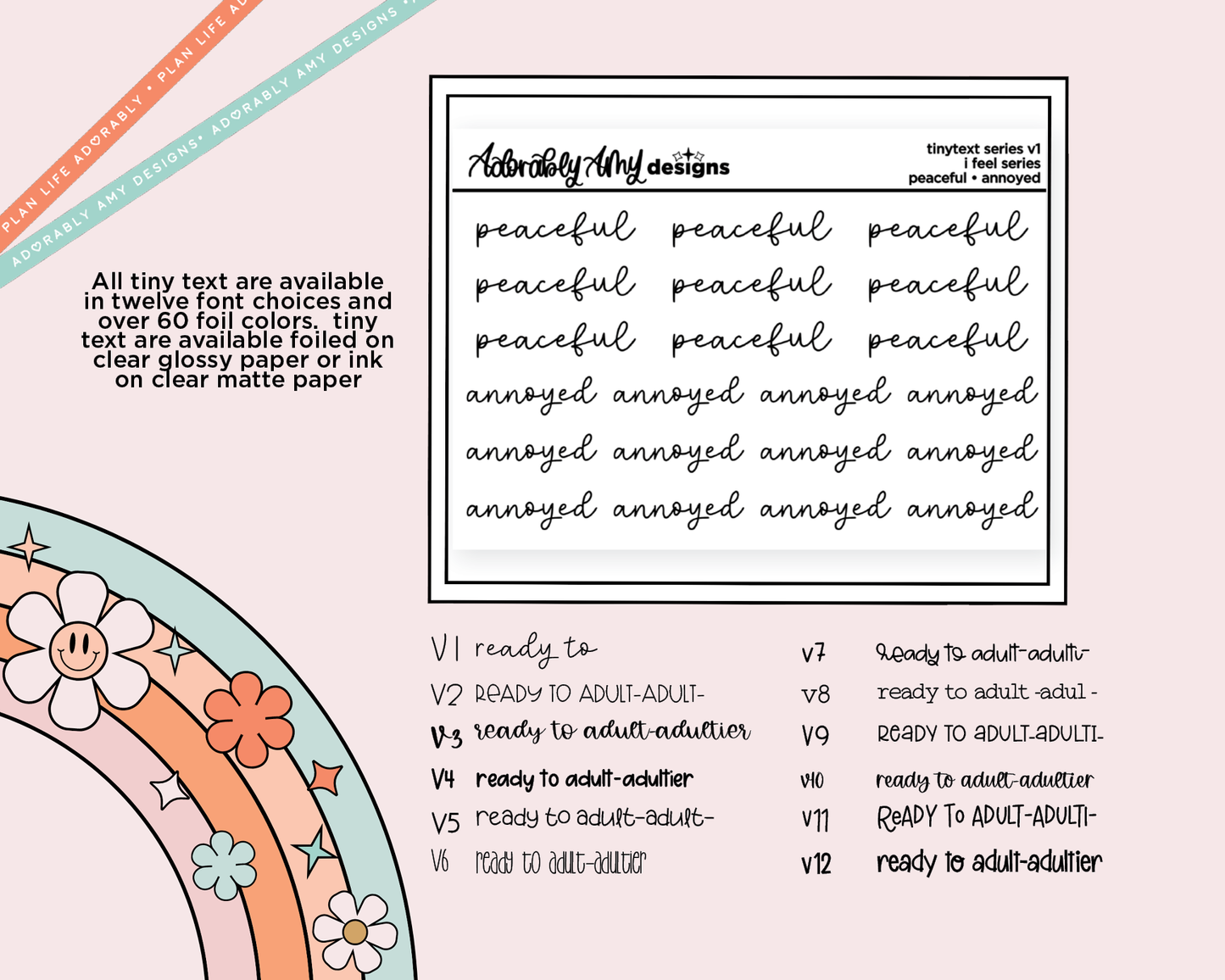 Foiled Tiny Text Series - Feelings Series - Peaceful & Annoyed Checklist Size Planner Stickers for any Planner or Insert