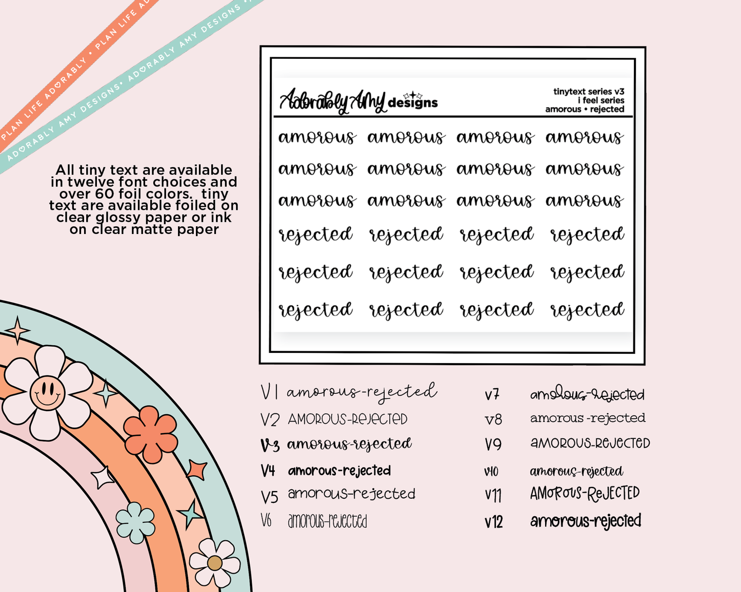 Foiled Tiny Text Series - Feelings Series - Amorous & Rejected Checklist Size Planner Stickers for any Planner or Insert