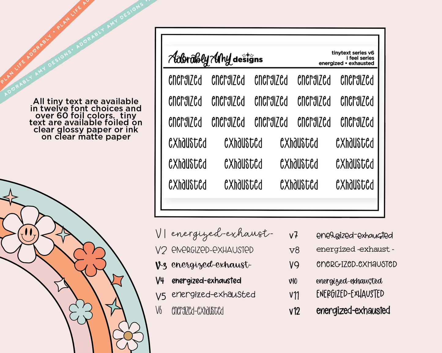 Foiled Tiny Text Series - Feelings Series - Energized & Exhausted Checklist Size Planner Stickers for any Planner or Insert