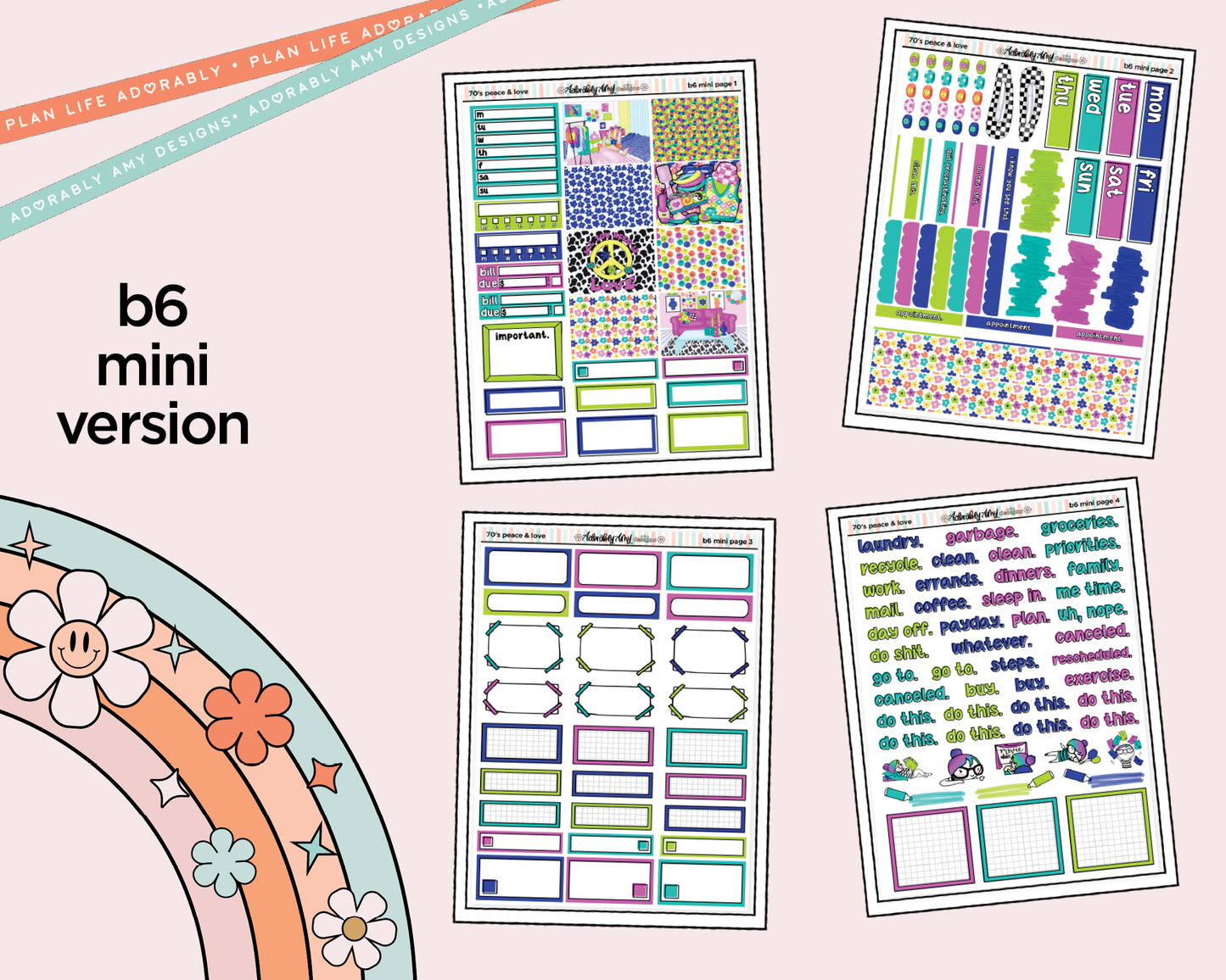 Mini B6 70's Peace & Love Planner Sticker Kit sized for ANY Vertical Insert