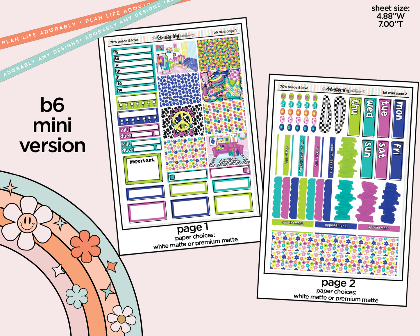 Mini B6 70's Peace & Love Planner Sticker Kit sized for ANY Vertical Insert