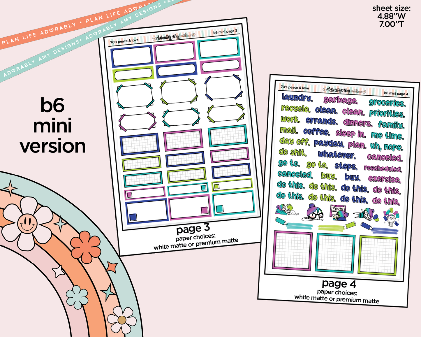 Mini B6 70's Peace & Love Planner Sticker Kit sized for ANY Vertical Insert