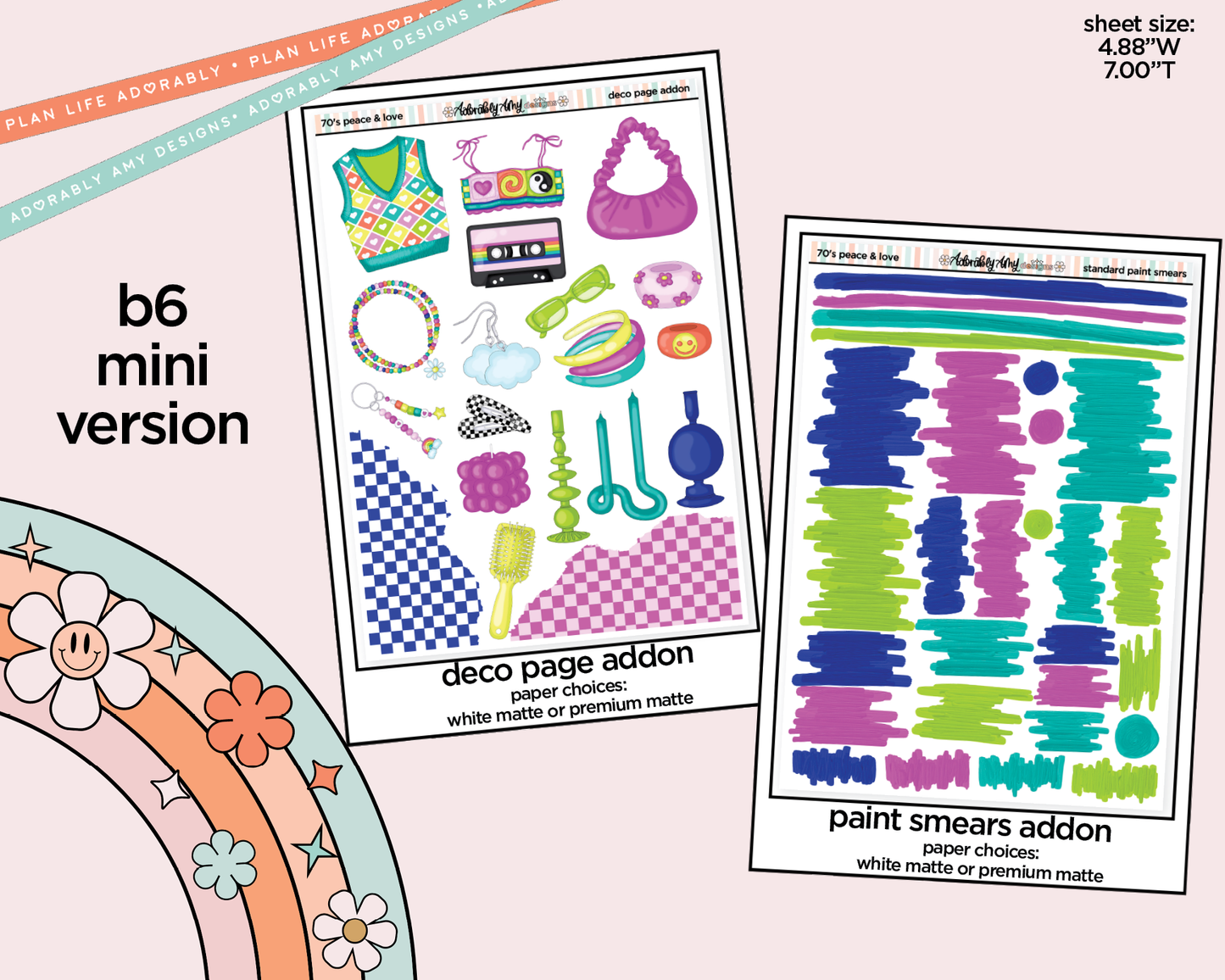 Mini B6 70's Peace & Love Planner Sticker Kit sized for ANY Vertical Insert