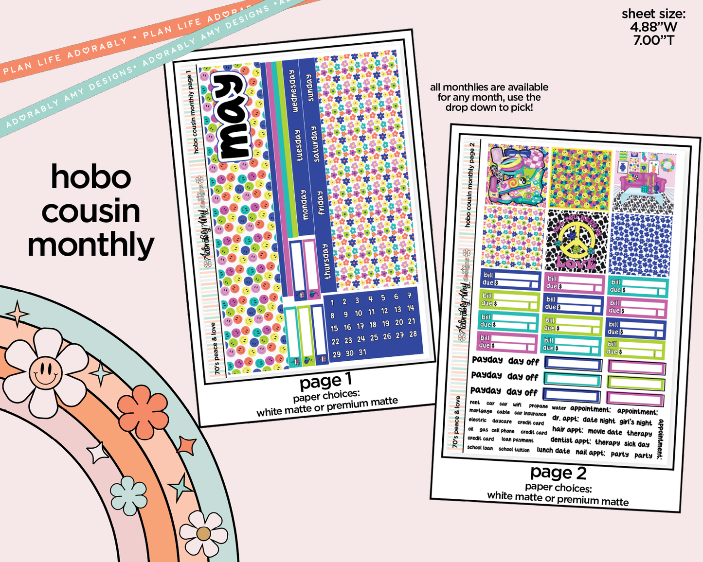 Hobonichi Cousin Monthly Pick Your Month 70's Peace & Love Planner Sticker Kit for Hobo Cousin or Similar Planners