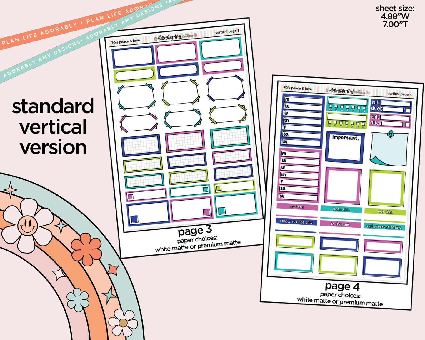 Vertical 70's Peace & Love Weekly Sticker Kit for Vertical Standard Size Planners or Insert