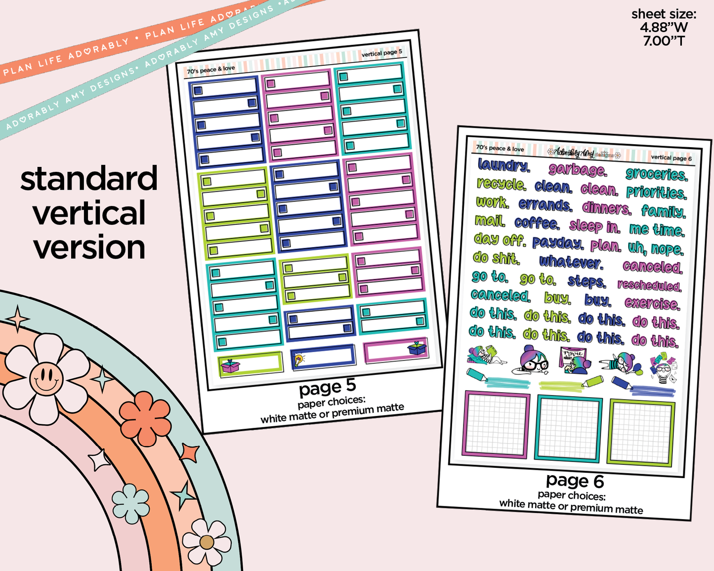 Vertical 70's Peace & Love Weekly Sticker Kit for Vertical Standard Size Planners or Insert