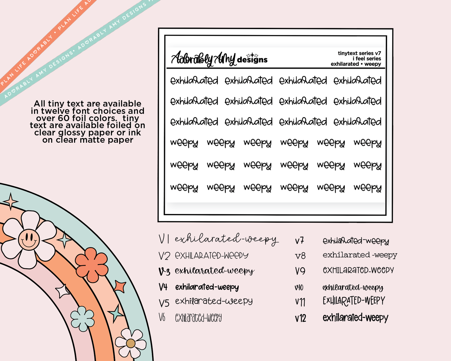 Foiled Tiny Text Series - Feelings Series - Exhilarated & Weepy Checklist Size Planner Stickers for any Planner or Insert