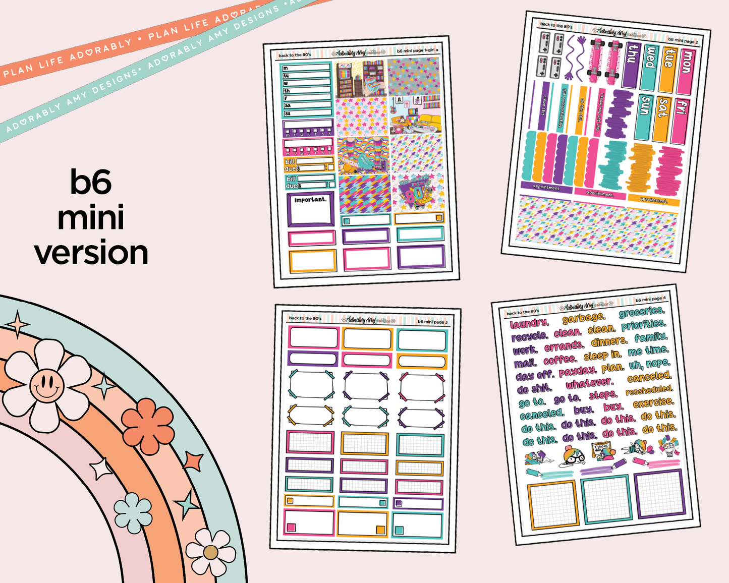 Mini B6 Back to the 80's Planner Sticker Kit sized for ANY Vertical Insert