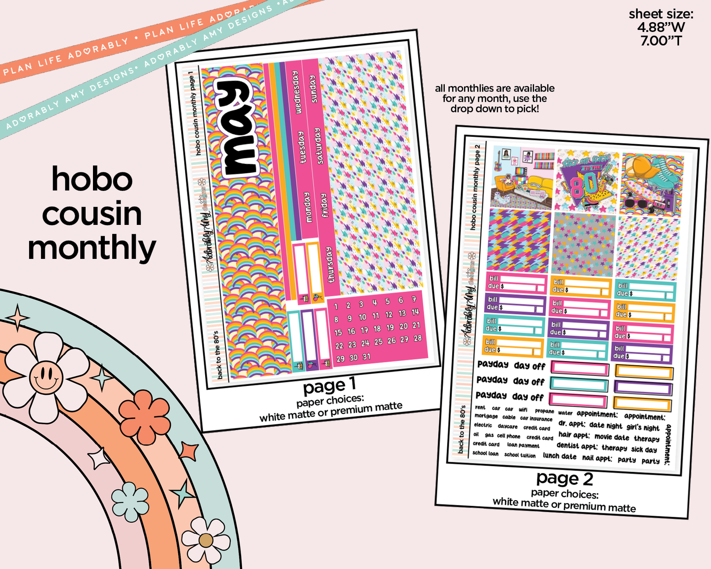 Hobonichi Cousin Monthly Pick Your Month Back to the 80's Planner Sticker Kit for Hobo Cousin or Similar Planners