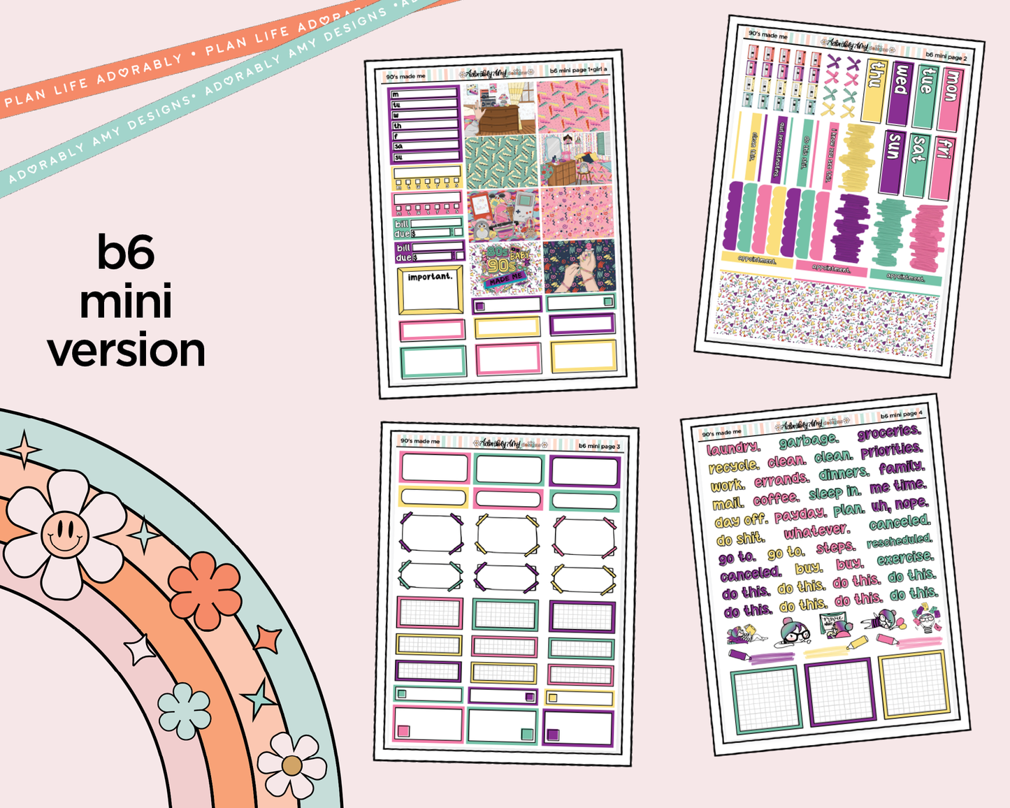 Mini B6 90's Made Me Planner Sticker Kit sized for ANY Vertical Insert