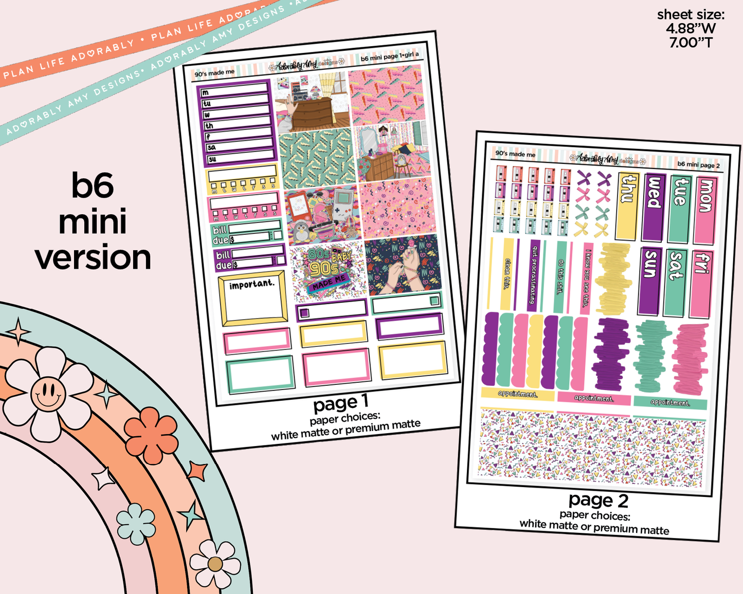Mini B6 90's Made Me Planner Sticker Kit sized for ANY Vertical Insert
