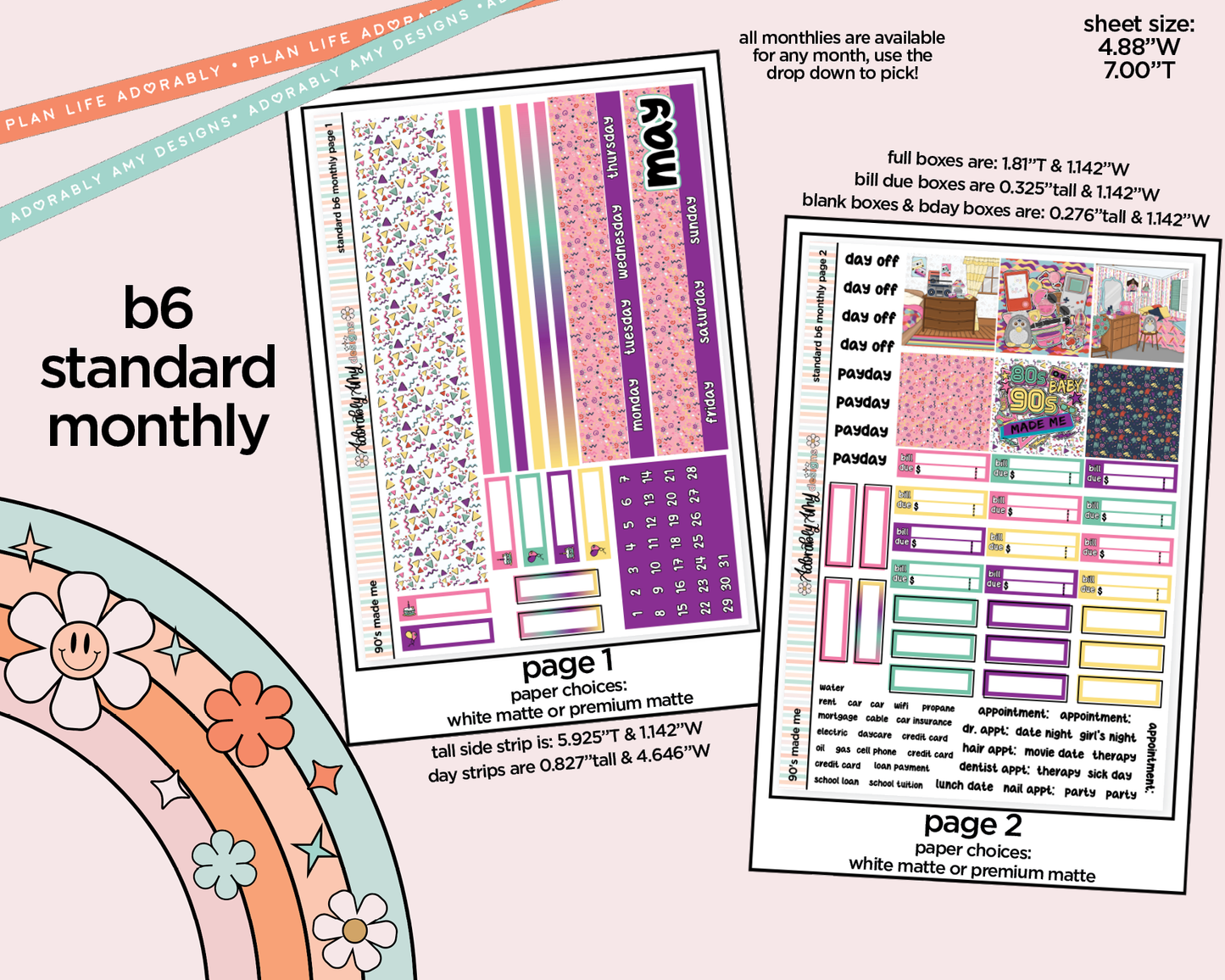 Mini B6 90's Made Me Planner Sticker Kit sized for ANY Vertical Insert