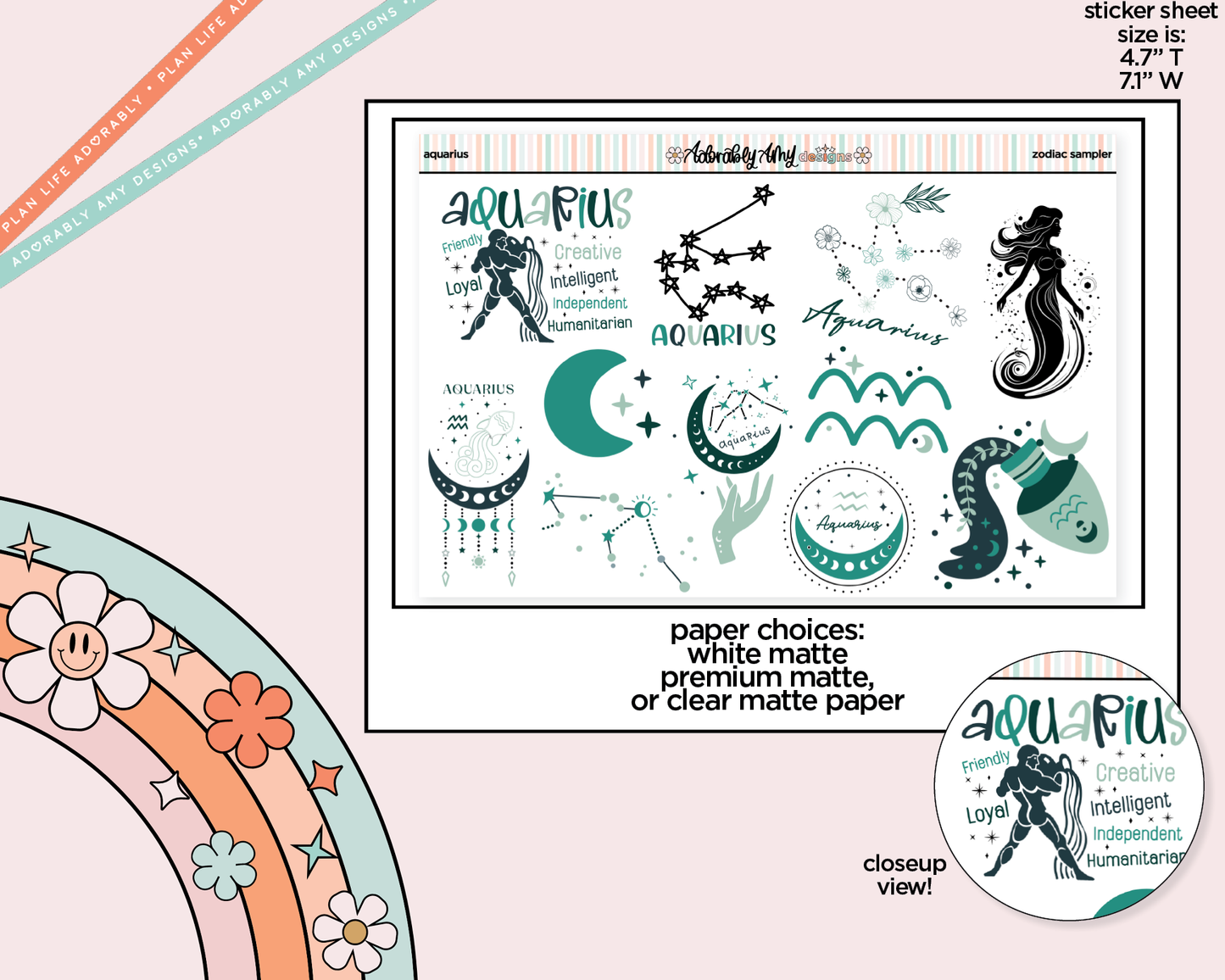 Zodiac Collection Aquarius Deco Typography Sampler Planner Stickers