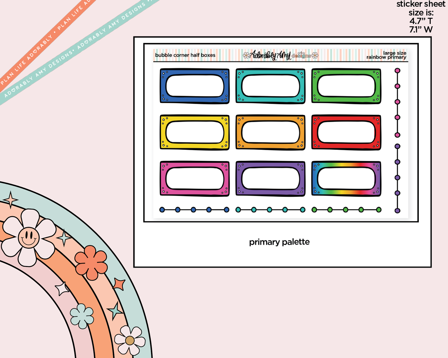 Rainbow Doodled Bubble Corner Half Boxes Large/Jumbo Size Stickers - Adorably Amy Designs