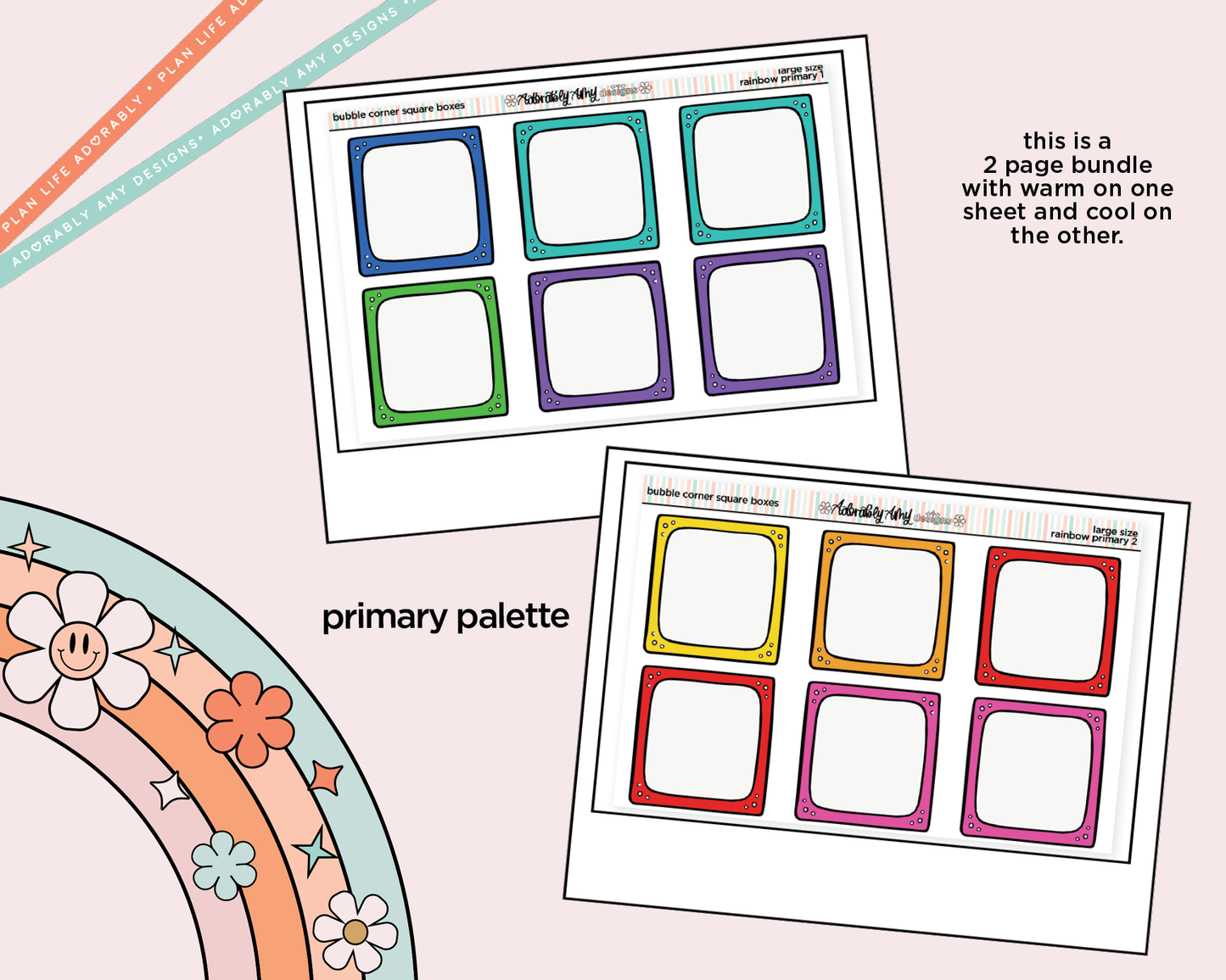 Rainbow Doodled Bubble Corner Square Boxes Large/Jumbo Size Stickers - Adorably Amy Designs