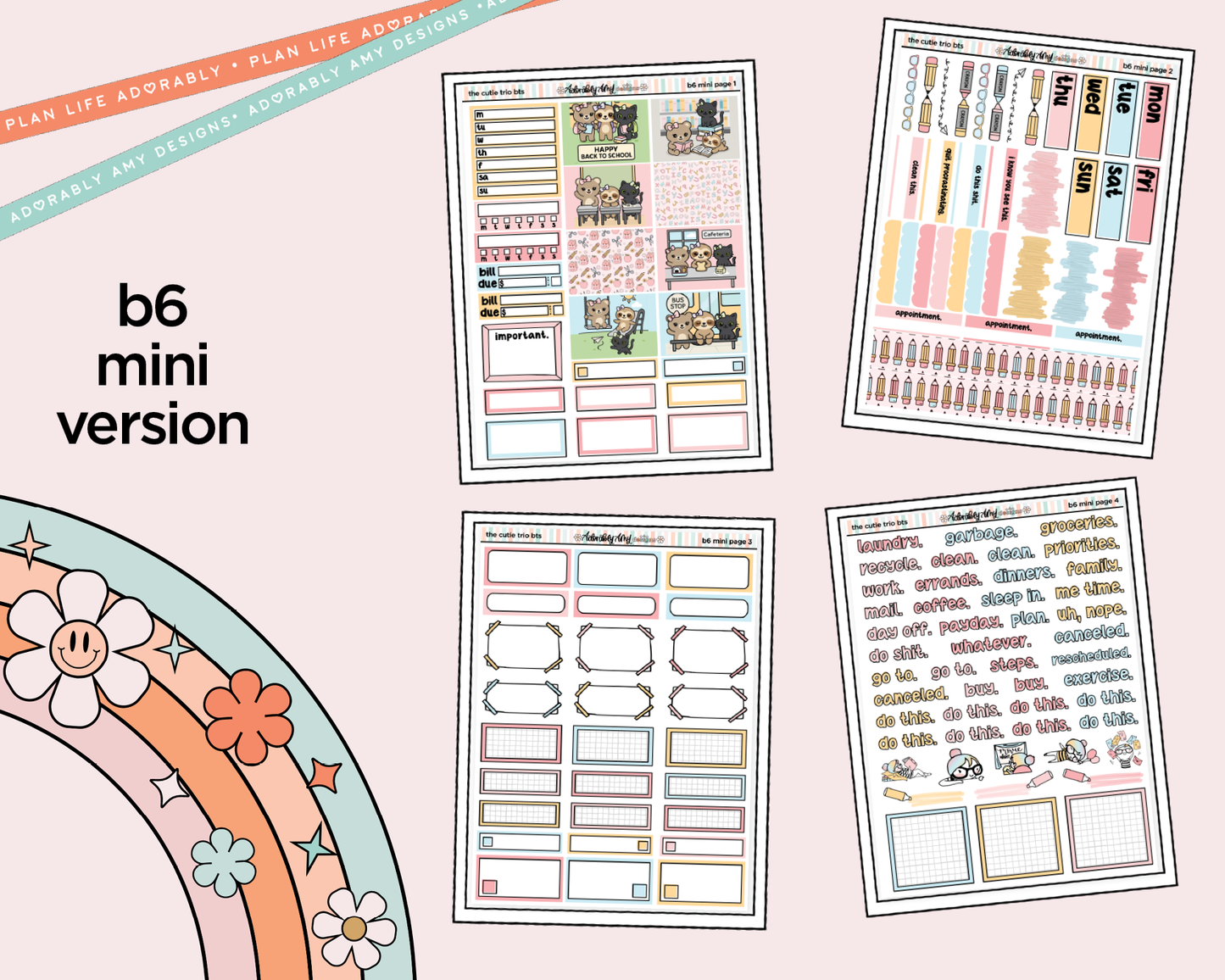 Mini B6 The Cutie Trio Back to School Planner Sticker Kit sized for ANY Vertical Insert