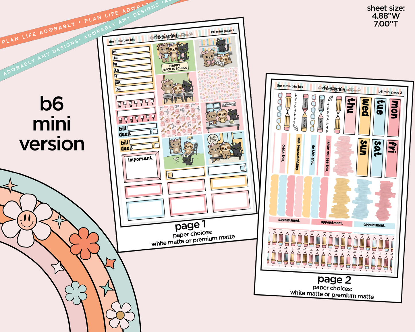 Mini B6 The Cutie Trio Back to School Planner Sticker Kit sized for ANY Vertical Insert