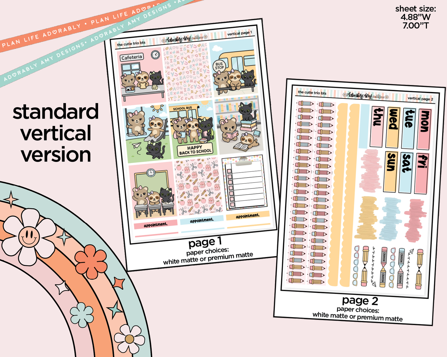 Vertical The Cutie Trio Back to School Weekly Sticker Kit for Vertical Standard Size Planners or Insert