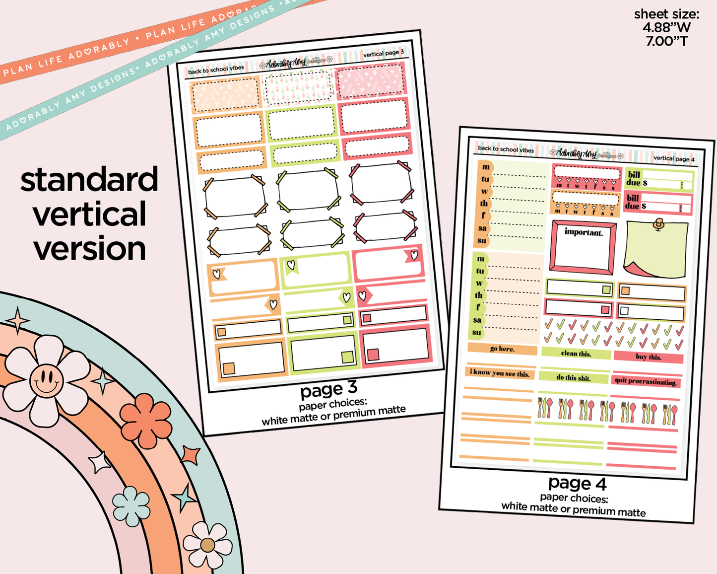 Vertical Back to School Vibes Weekly Sticker Kit for Vertical Standard Size Planners or Insert