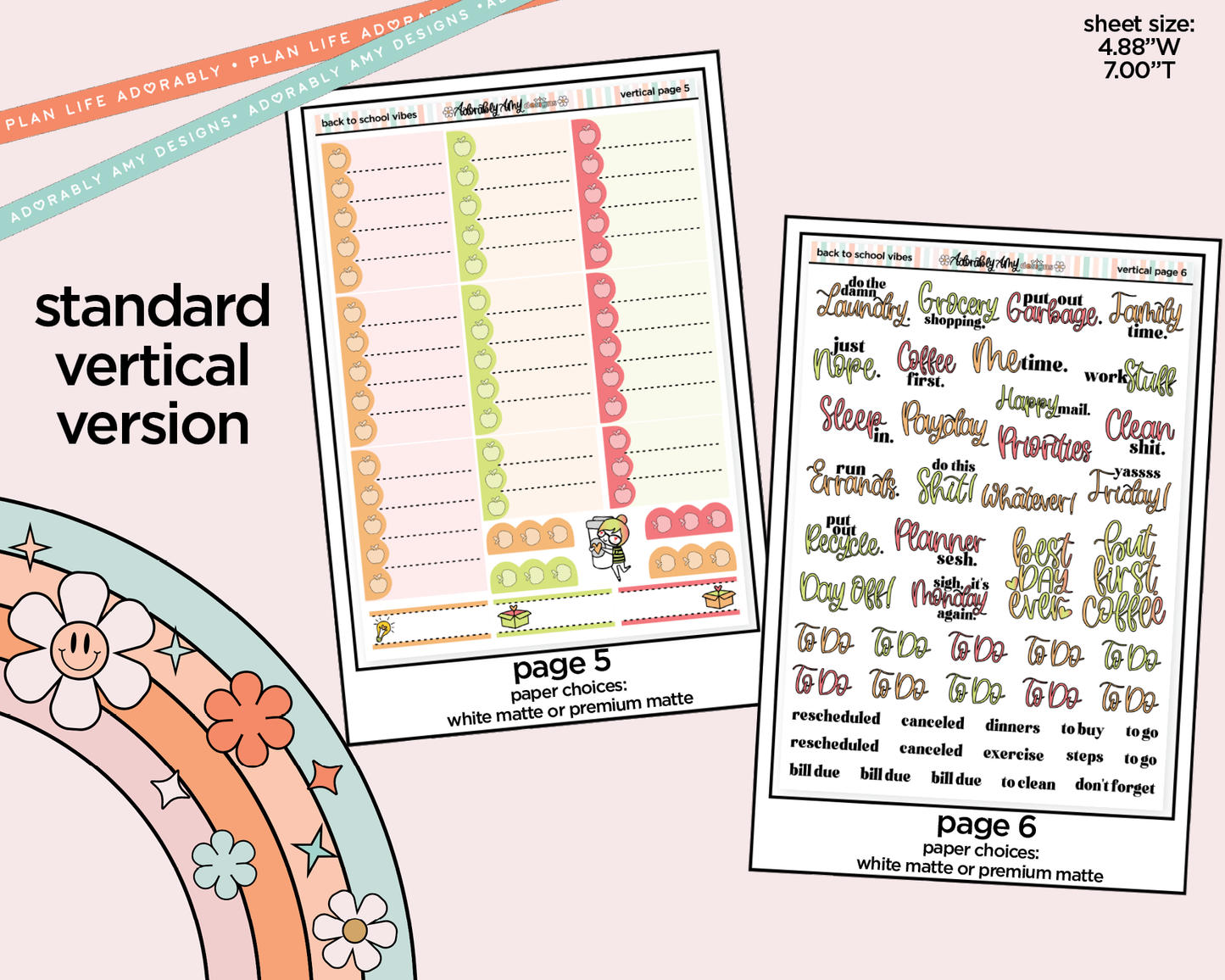Vertical Back to School Vibes Weekly Sticker Kit for Vertical Standard Size Planners or Insert