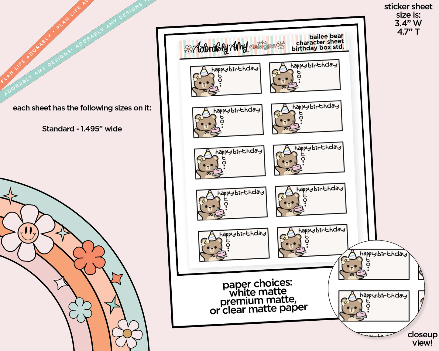 Bailee Bear Birthday Decoration Planner Stickers for any Planner or Insert