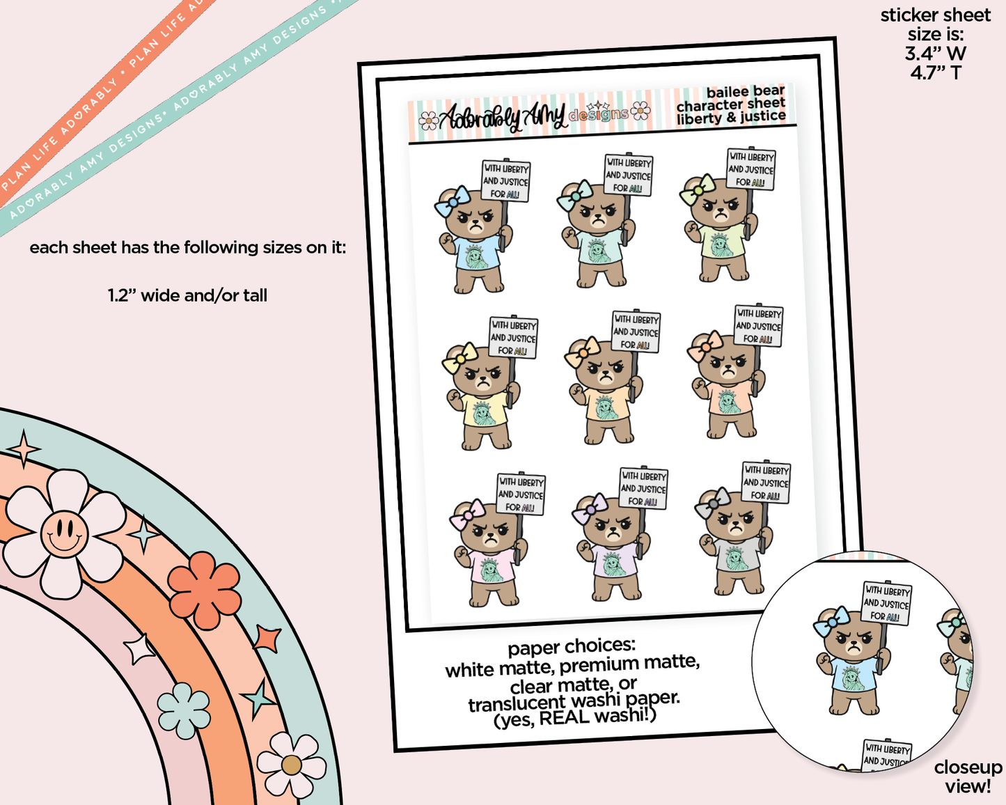 Bailee Bear Protestor - Liberty and Just Decoration Planner Stickers
