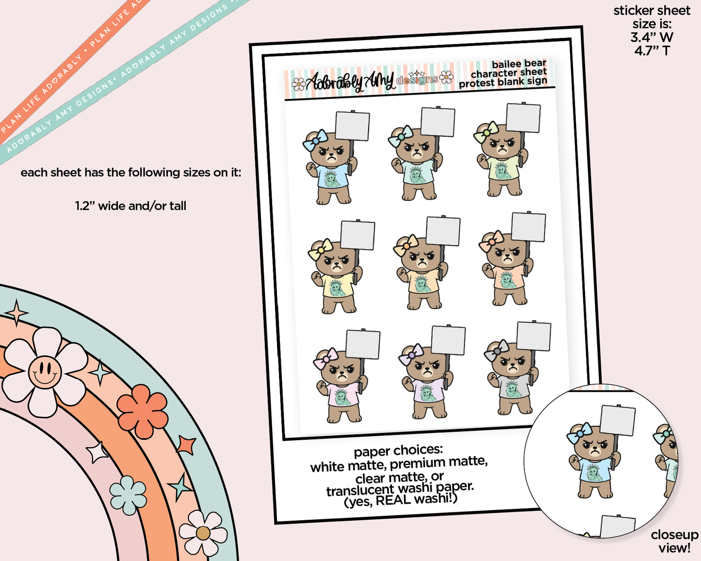 Bailee Bear Protestor - Liberty and Just Decoration Planner Stickers