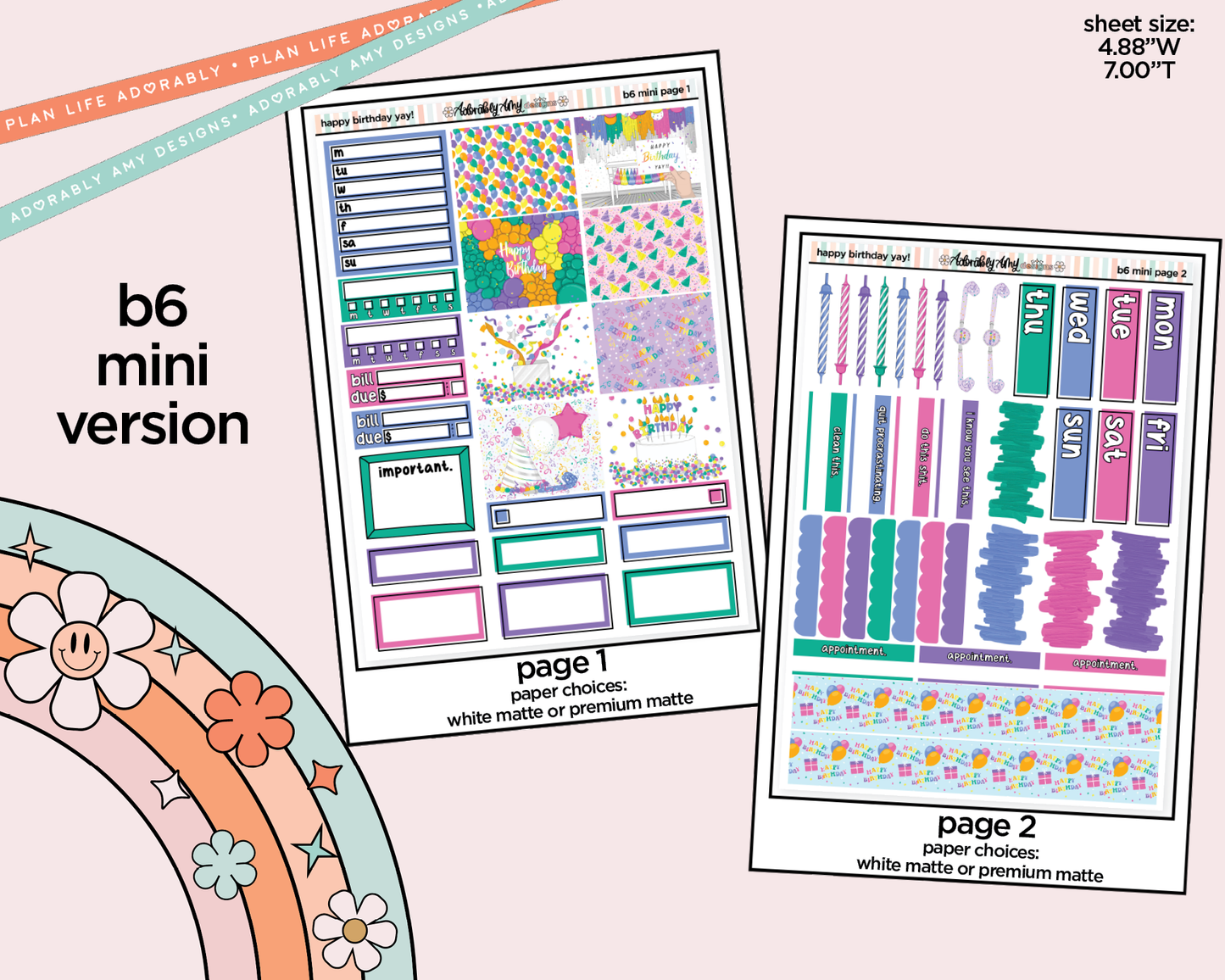 Mini B6 Happy Birthday Yay! Planner Sticker Kit sized for ANY Vertical Insert