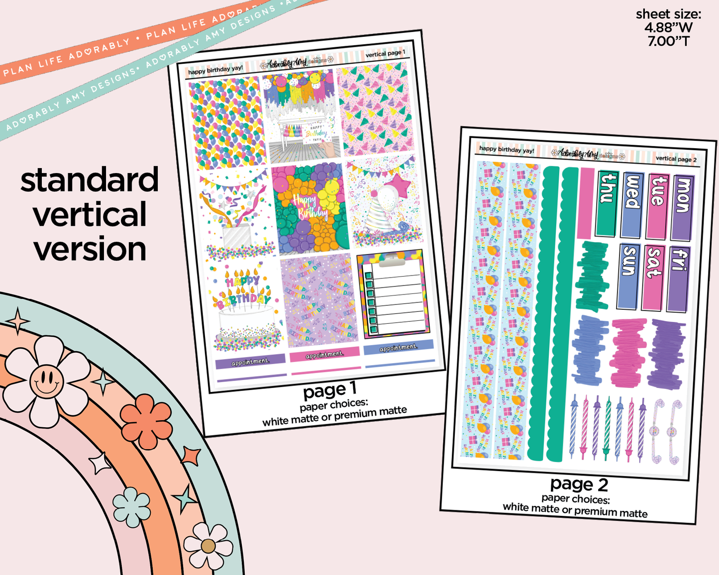 Vertical Happy Birthday Yay! Weekly Sticker Kit for Vertical Standard Size Planners or Insert