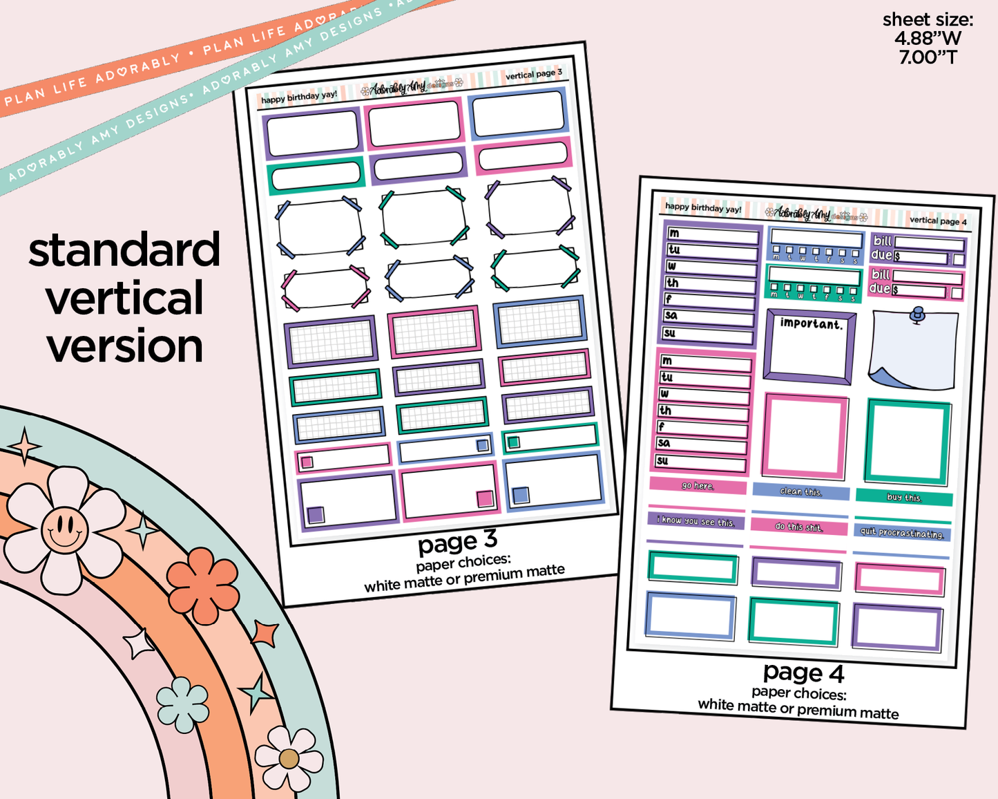 Vertical Happy Birthday Yay! Weekly Sticker Kit for Vertical Standard Size Planners or Insert
