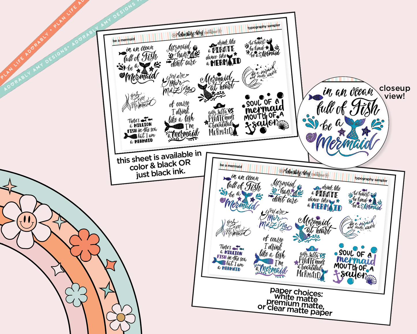 Be a Mermaid Deco Typography Sampler Planner Stickers