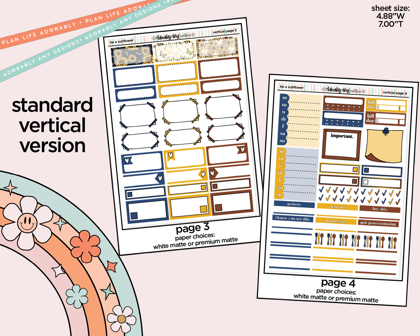 Vertical Be a Sunflower Weekly Sticker Kit for Vertical Standard Size Planners or Insert