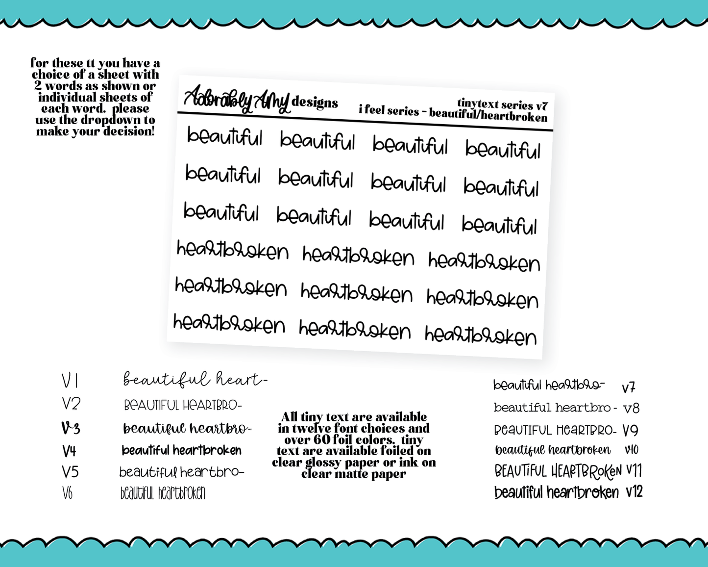 Foiled Tiny Text Series - Feelings Series - Beautiful and Heartbroken Checklist Size Planner Stickers for any Planner or Insert