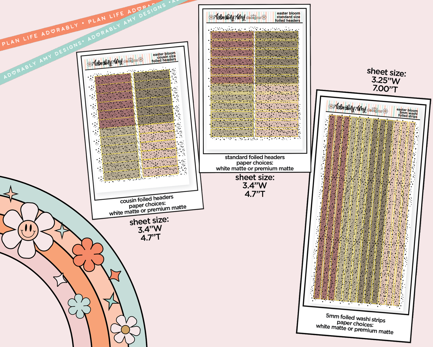 Foiled Easter Bloom Headers or Long Strips Planner Stickers for any Planner or Insert