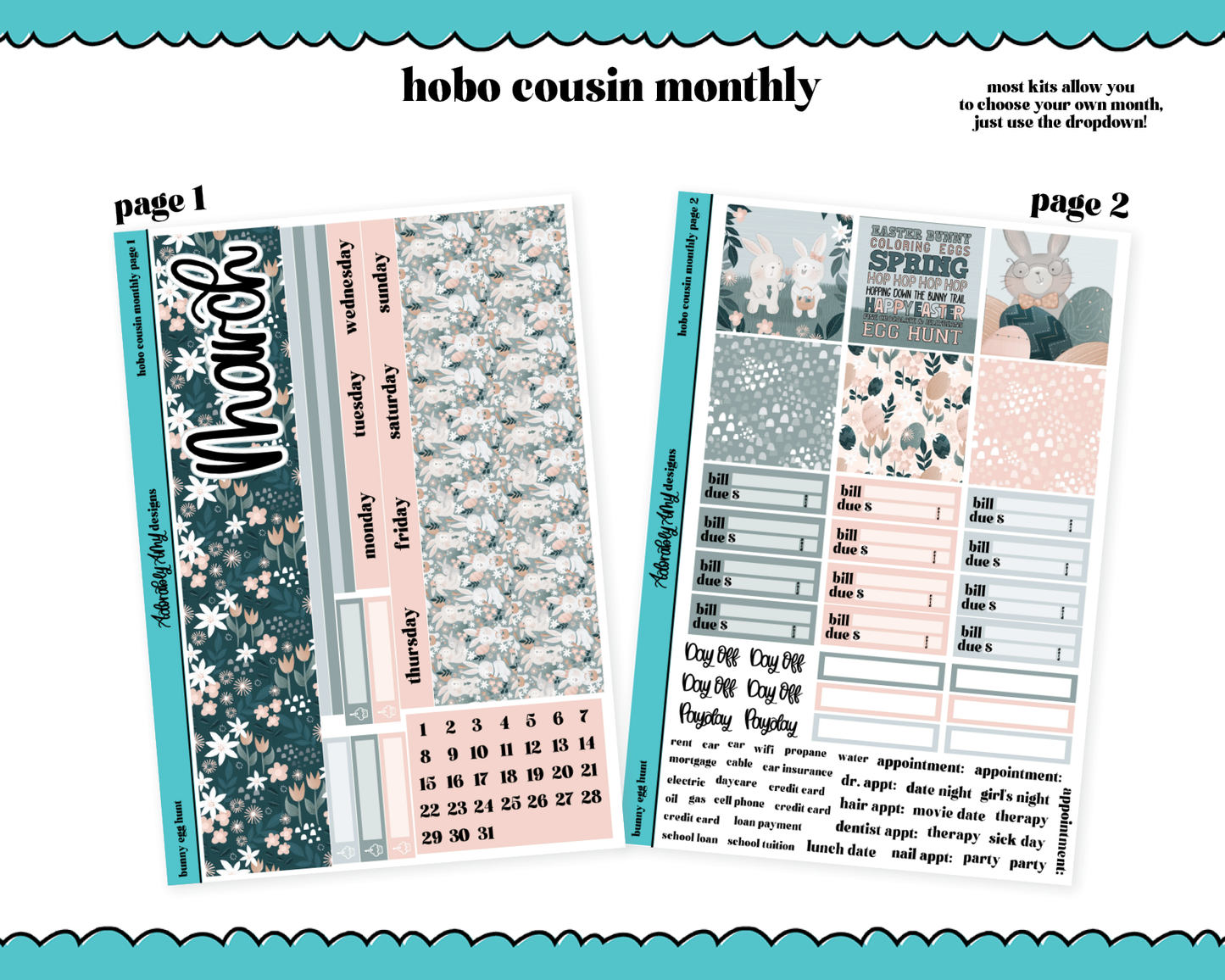 Hobonichi Cousin Monthly Pick Your Month Bunny Egg Hunt Watercolor Planner Sticker Kit for Hobo Cousin or Similar Planners