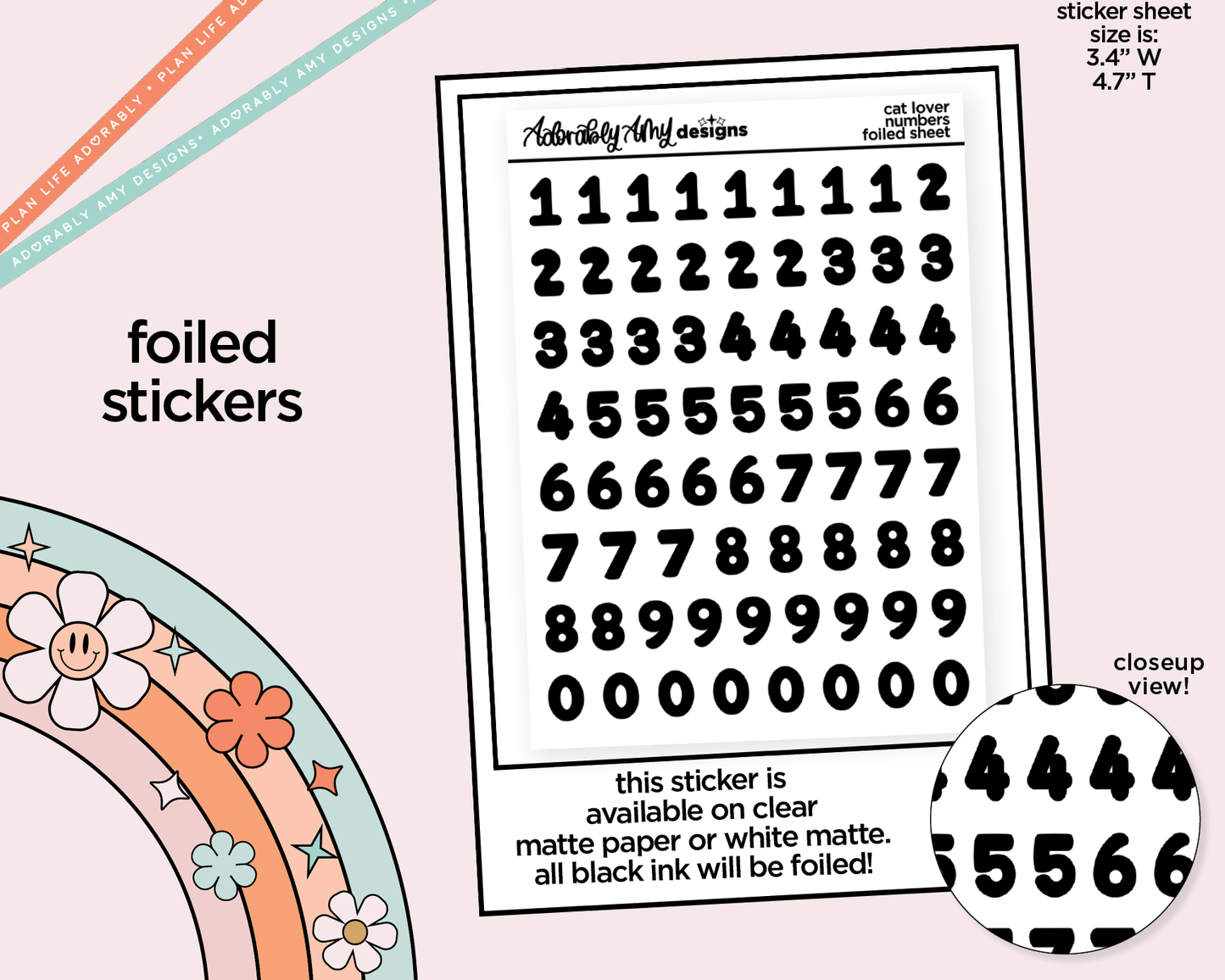 Foiled Cat Lover Number Stickers Deco Typography Sampler Planner Stickers