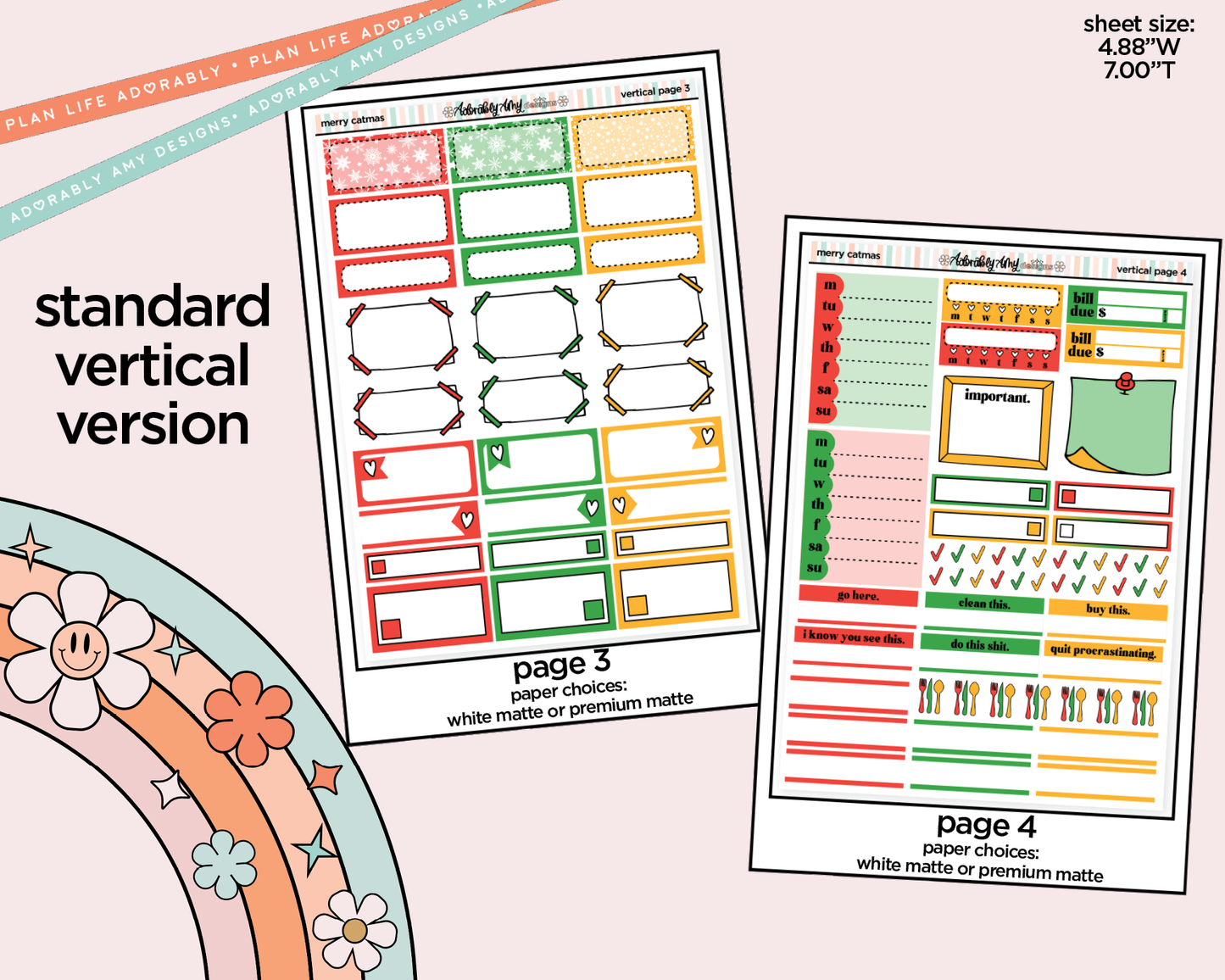 Vertical Merry Catmas Weekly Sticker Kit for Vertical Standard Size Planners or Insert