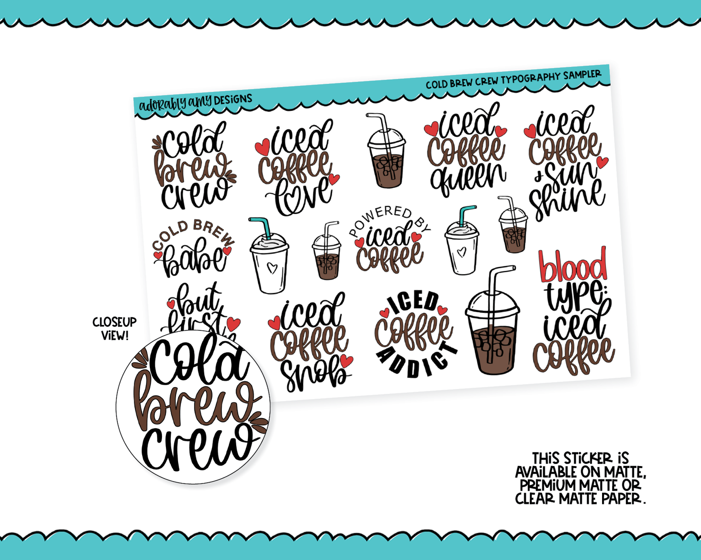 Cold Brew Crew Doodled Typography Sampler Planner Stickers for any Planner or Insert