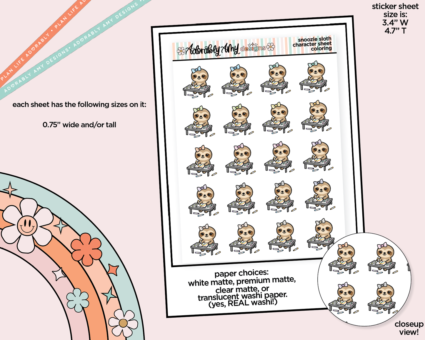 Snoozie Sloth Coloring Time Decoration Character Planner Stickers