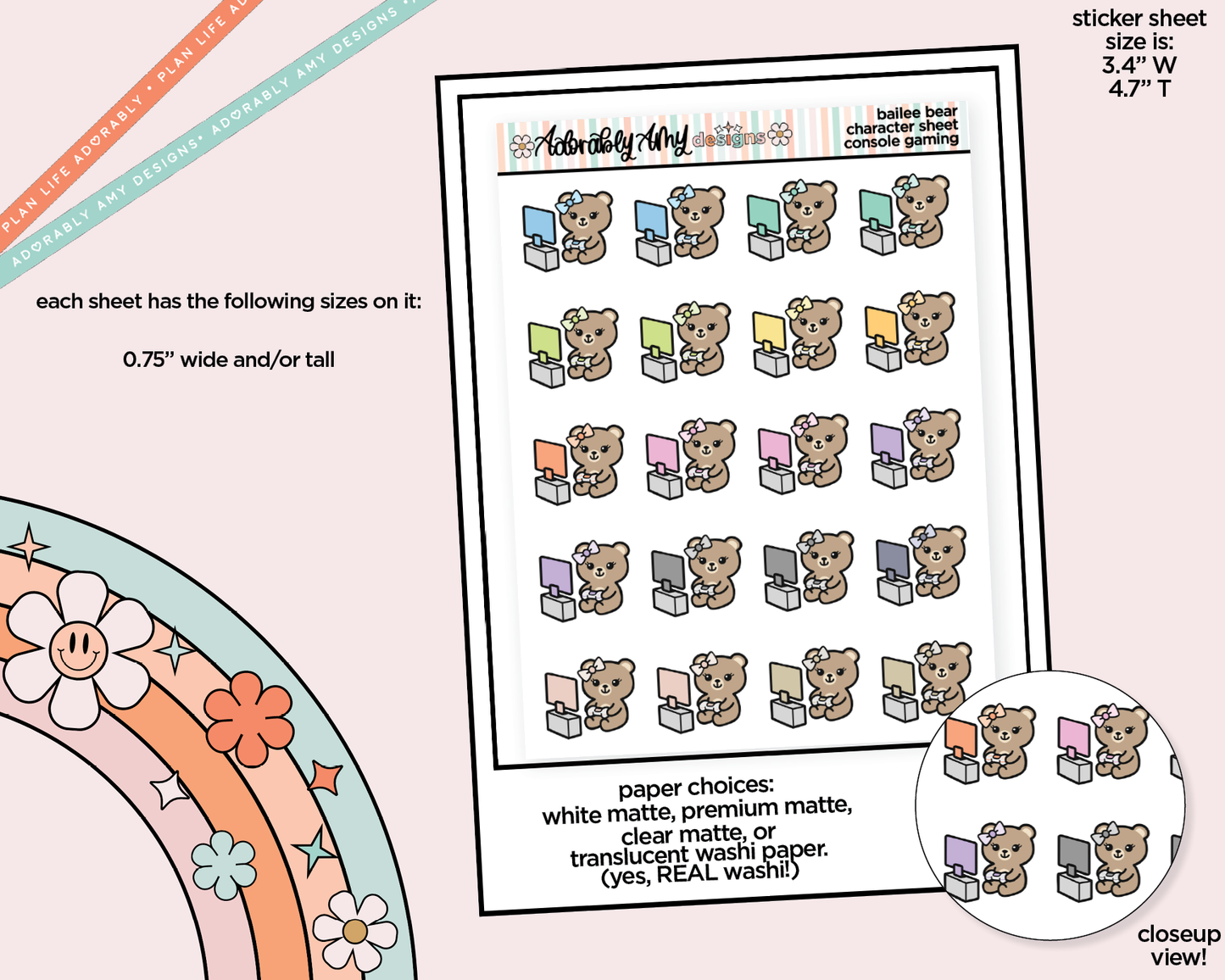 Bailee Bear Console Gaming Decoration Character Planner Stickers - Adorably Amy Designs