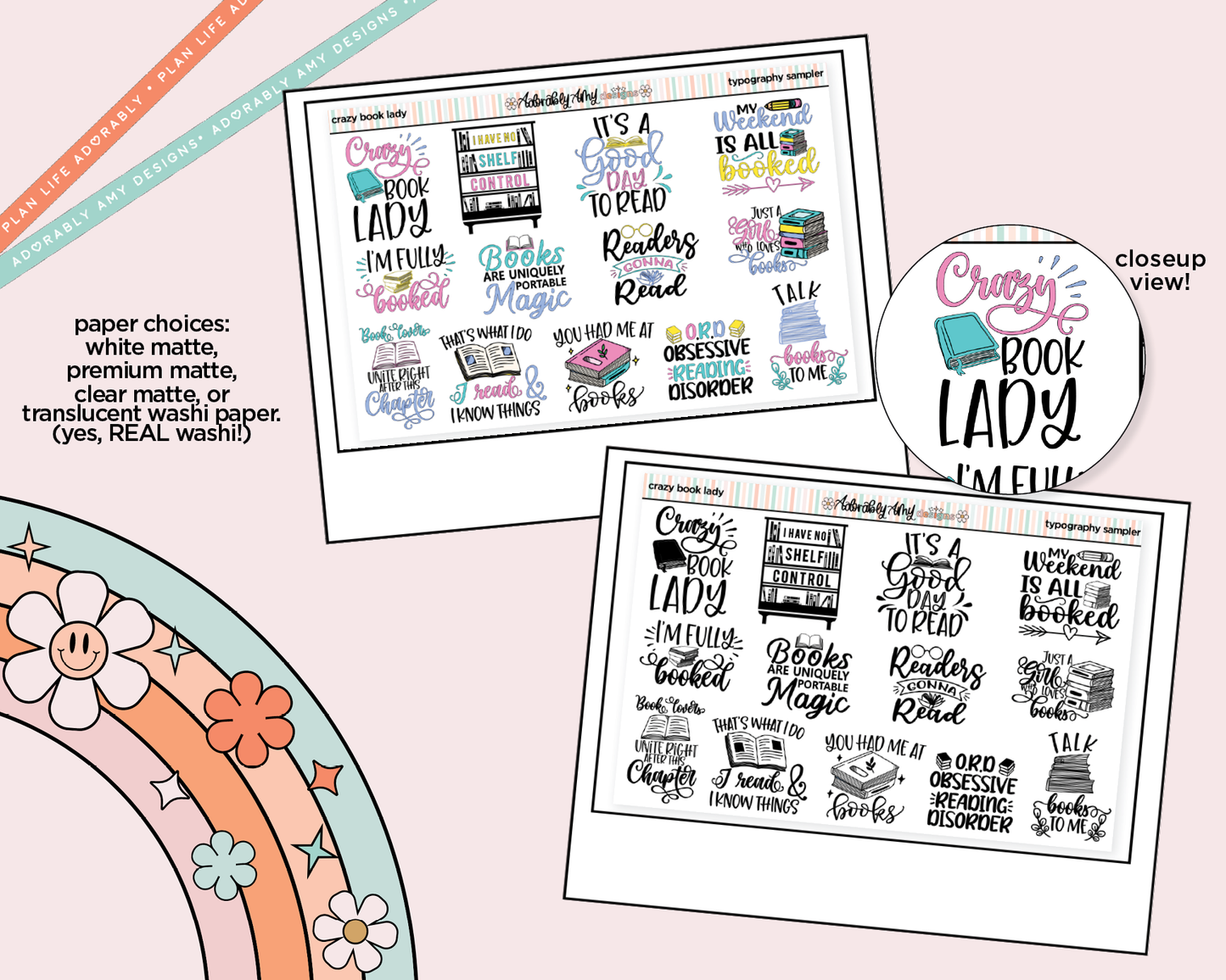Crazy Book Lady Typography Sampler Planner Stickers