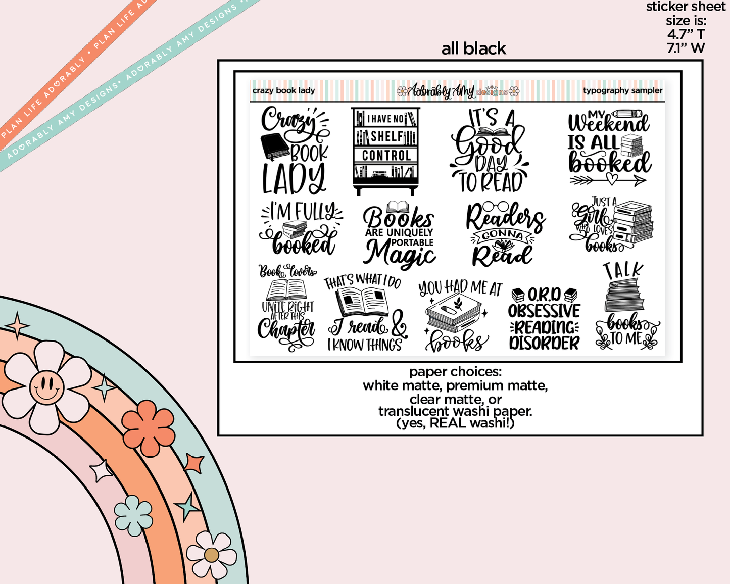 Crazy Book Lady Typography Sampler Planner Stickers