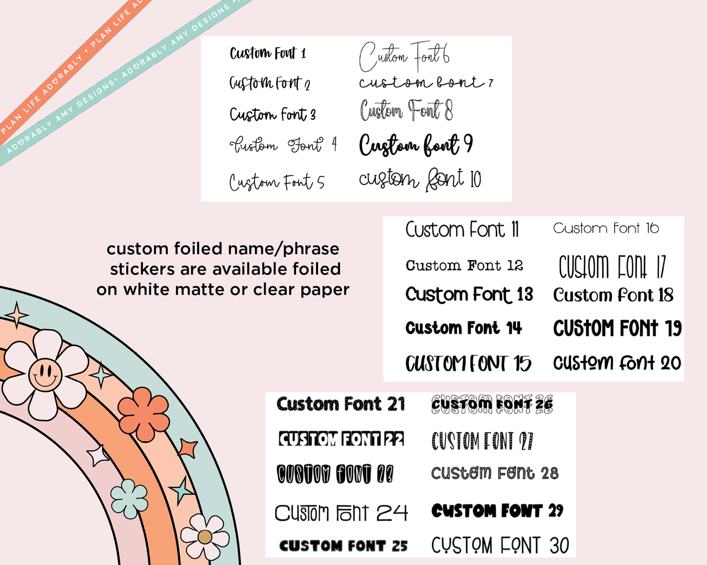 Custom Foiled Name Sticker or Custom Phrase Planner Stickers for any Planner or Insert - Adorably Amy Designs