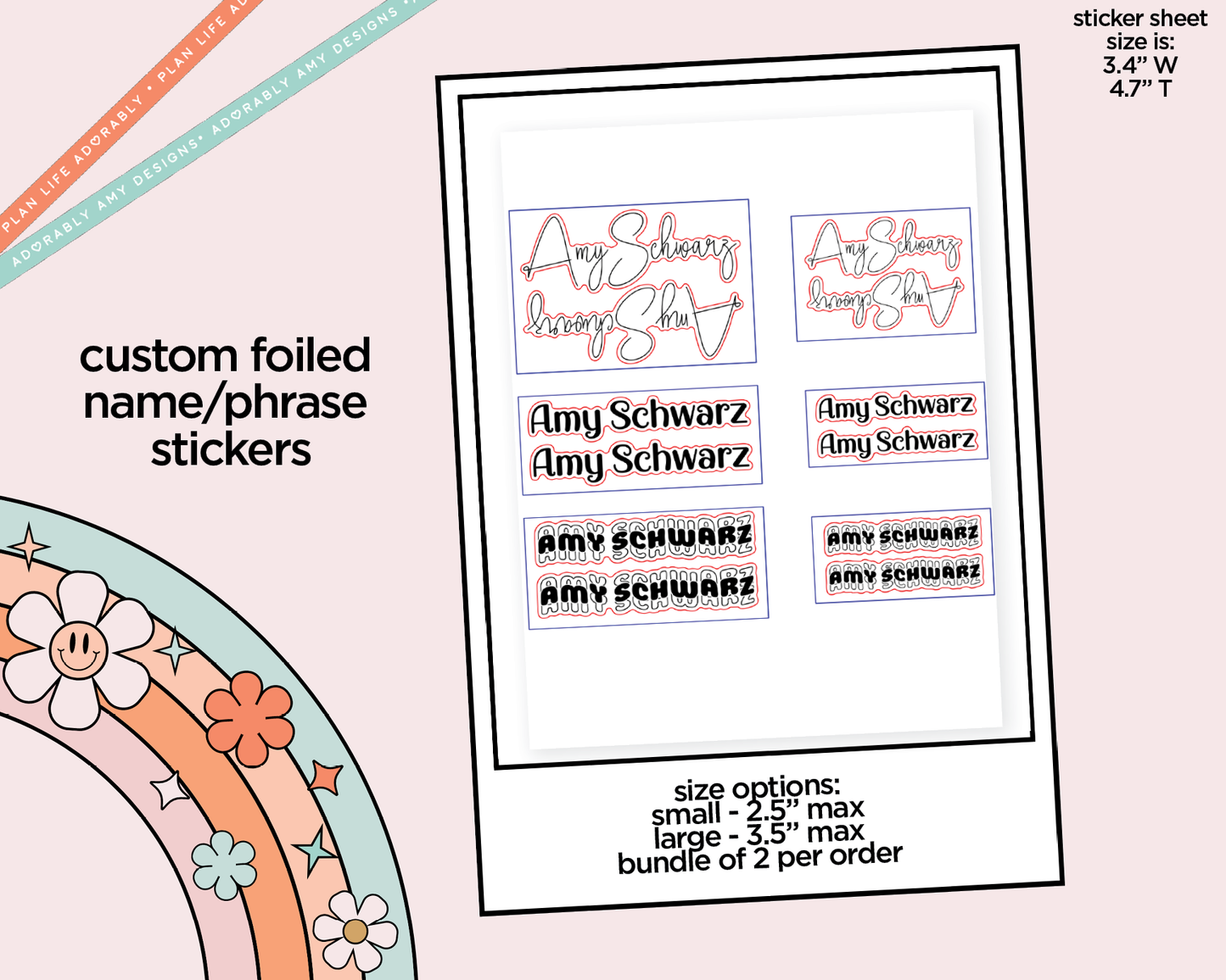 Custom Foiled Name Sticker or Custom Phrase Planner Stickers for any Planner or Insert - Adorably Amy Designs