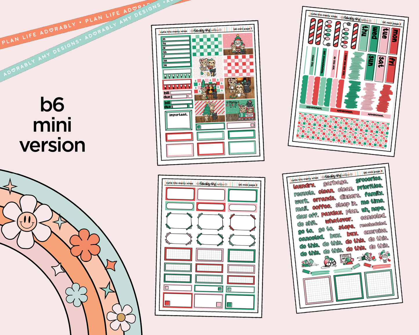 Mini B6 The Cutie Trio Merry Christmas Planner Sticker Kit sized for ANY Vertical Insert