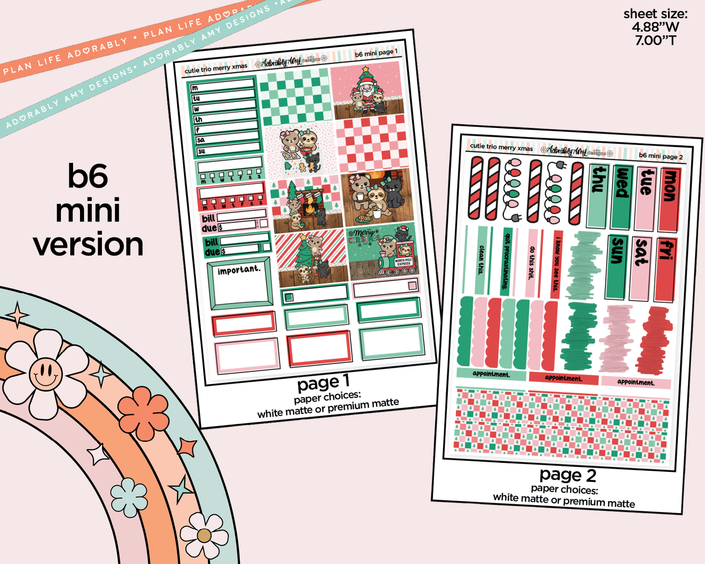 Mini B6 The Cutie Trio Merry Christmas Planner Sticker Kit sized for ANY Vertical Insert