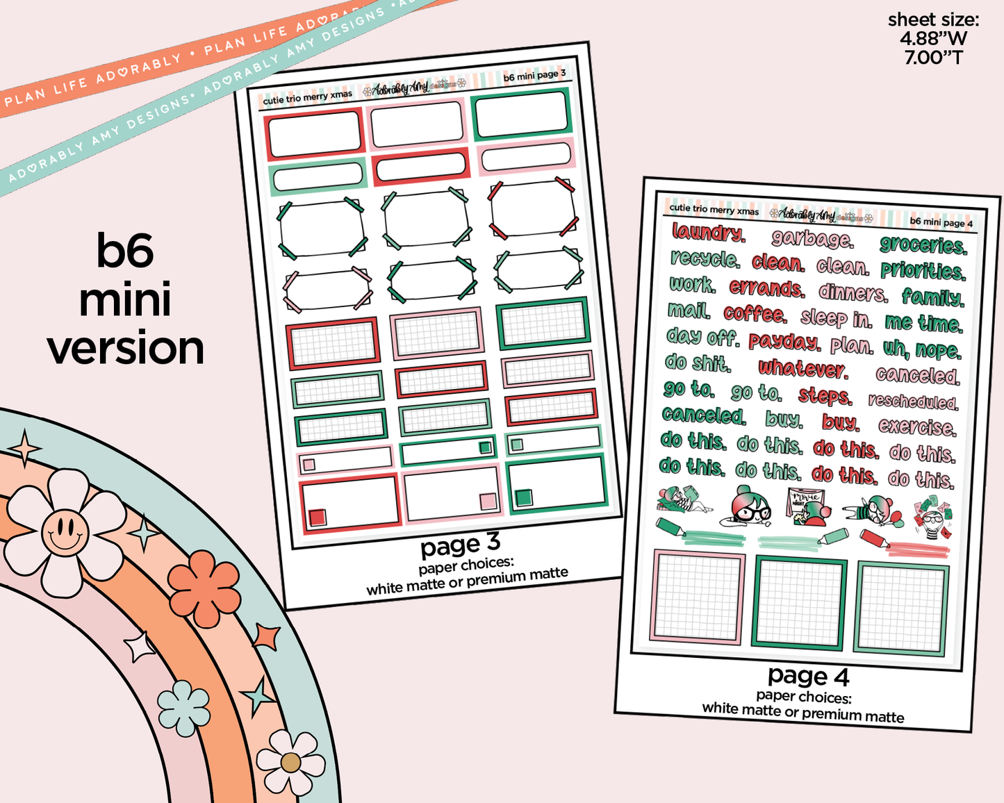 Mini B6 The Cutie Trio Merry Christmas Planner Sticker Kit sized for ANY Vertical Insert
